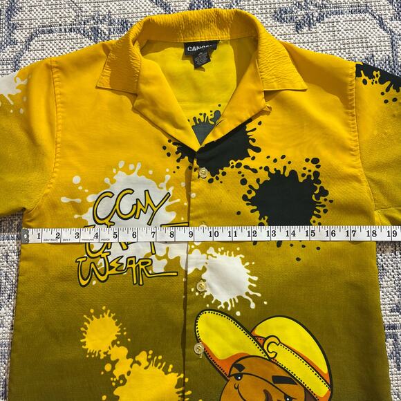 VTG Y2K Canopy CCNY Urban Wear Skater HipHop Yellow Graphic Button Up Shirt SZ S - Picture 4 of 5